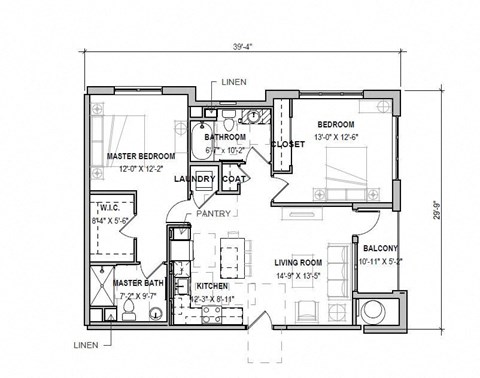 Floor plan for 2 beds, 2 baths, 1158 sqft