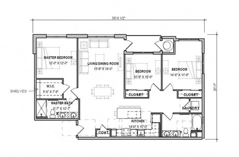 Floor plan for 3 beds, 2 baths, 1388 sqft