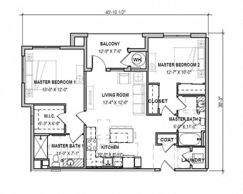 Floor plan for 2 beds, 2 baths, 1077 sqft