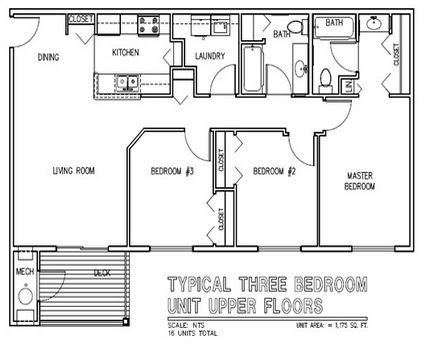 Floor plan for 3 beds, 2 baths, 1175 sqft