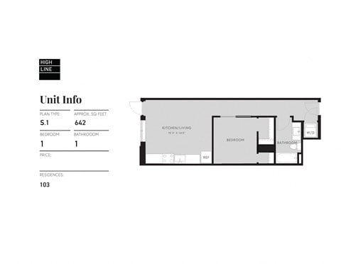Floor plan for studio, 1 bath, 644 sqft