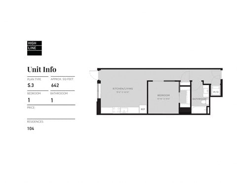 Floor plan for studio, 1 bath, 644 sqft