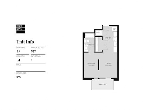 Floor plan for studio, 1 bath, 490 sqft