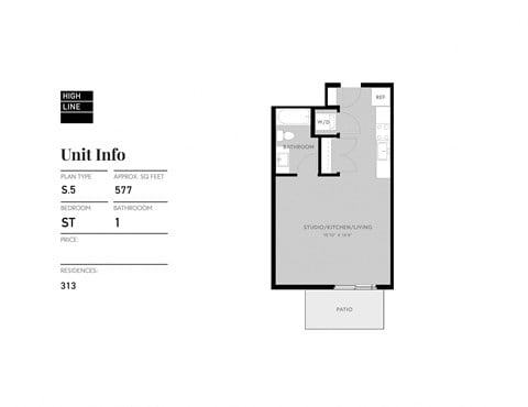 Floor plan for studio, 1 bath, 525 sqft