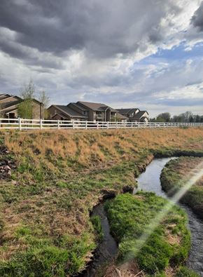 Laramie apartment for rent - A stream flows through a grassy area with houses in the background.