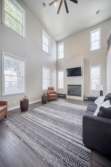 Rexburg apartment for rent - a living room with a large rug and a fireplace