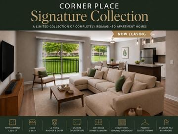 Southfield townhouse for rent - A living room with a couch, chairs, and a coffee table is shown in an advertisement for the Corner Place Signature Collection.