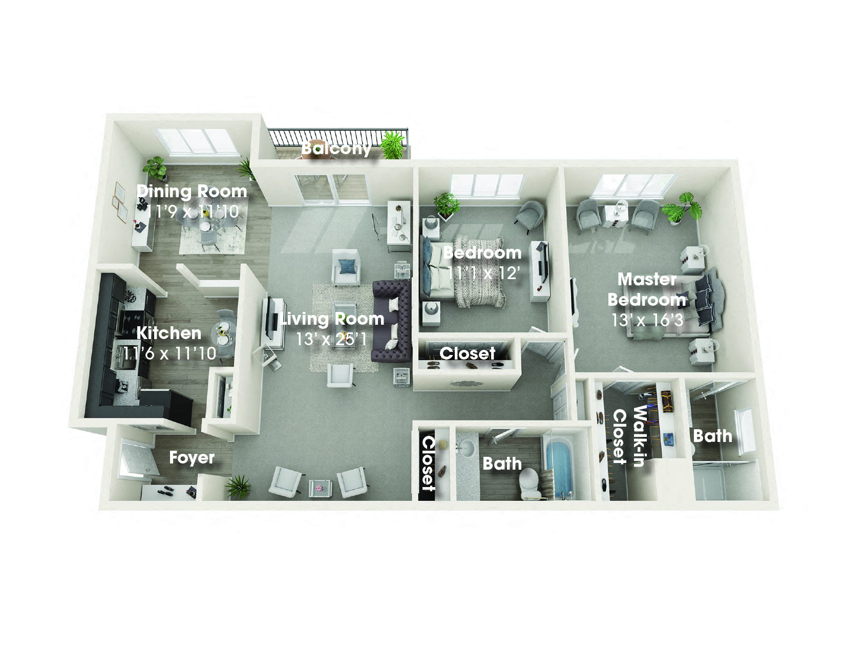 Floor plan for 2 beds, 2 baths, 1500 sqft