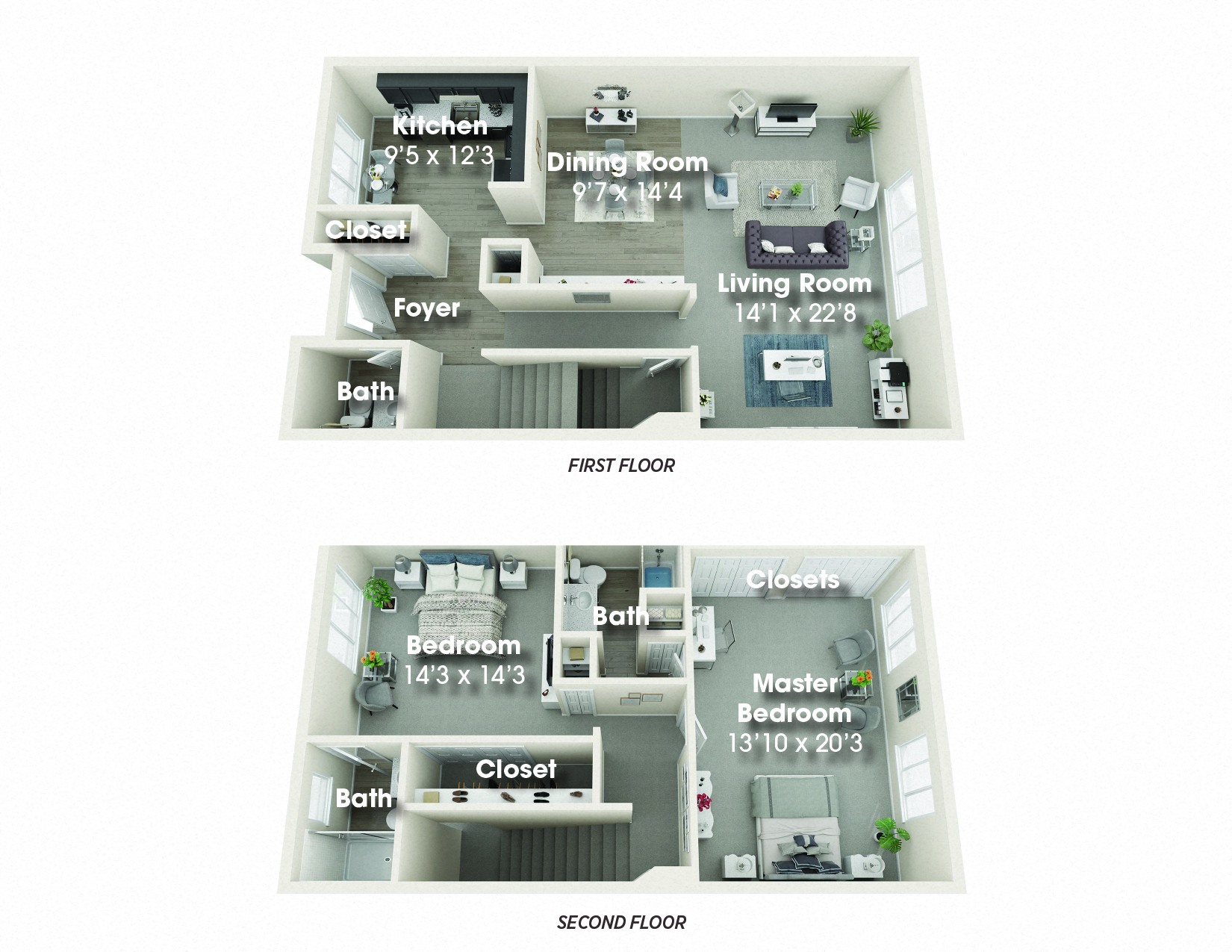 Floor plan for 2 beds, 2.5 baths, 1800 sqft