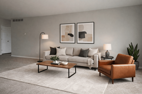 Southfield townhouse for rent - A living room with a white couch, a brown leather chair, and two framed artworks on the wall.