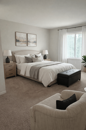 Southfield townhouse for rent - A bedroom with a large bed, a nightstand with a lamp, a chair with a cushion, and a painting on the wall.