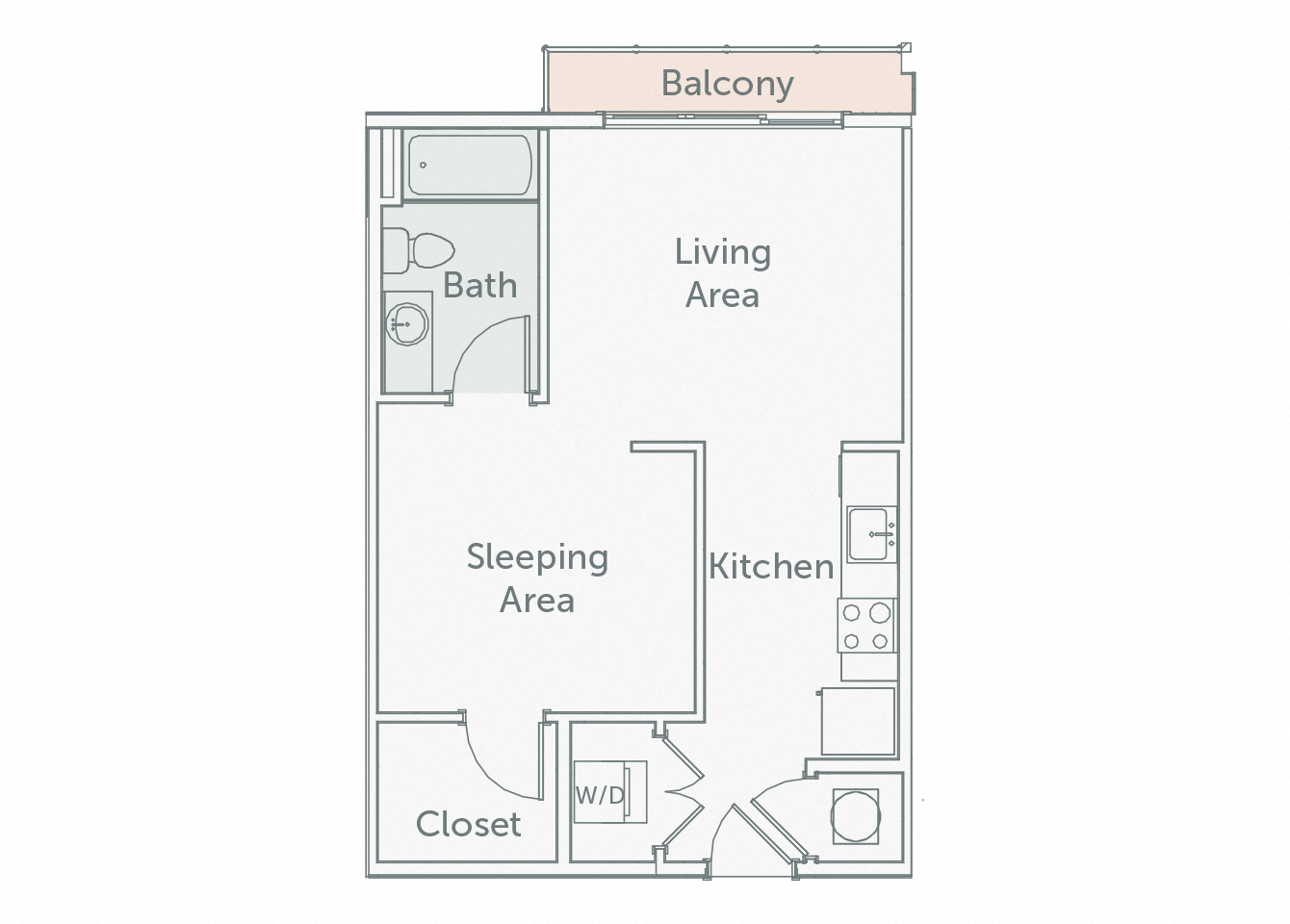 Floor plan for studio, 1 bath, 563 sqft