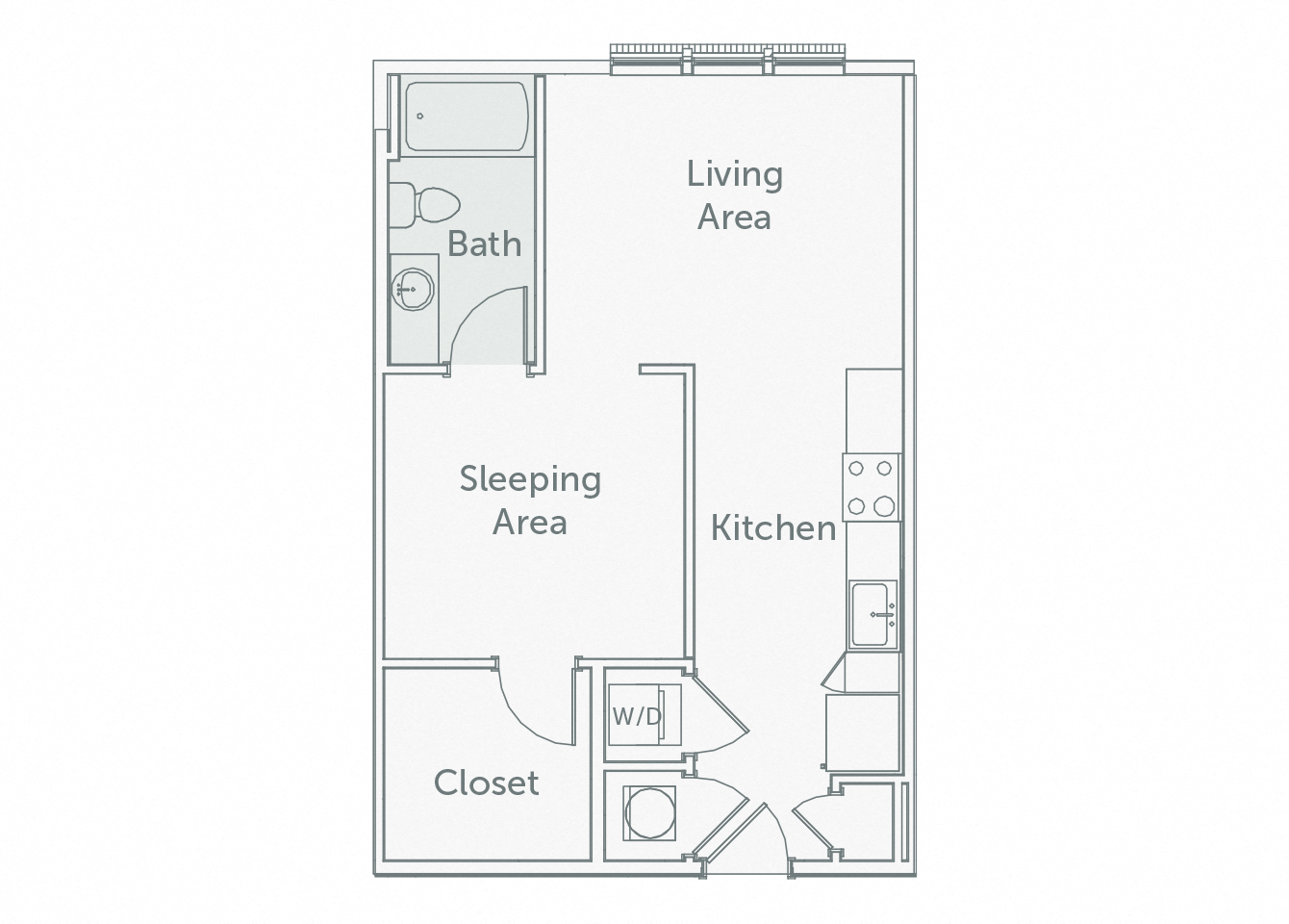 Floor plan for studio, 1 bath, 604 sqft
