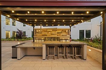 Courtyard deck with bbq pavilion and fireplace