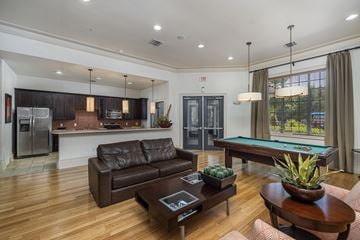 Allen apartment for rent - A modern living room with a pool table and a refrigerator.