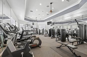 Fitness center featuring cardio, strength training and flat screen tvs