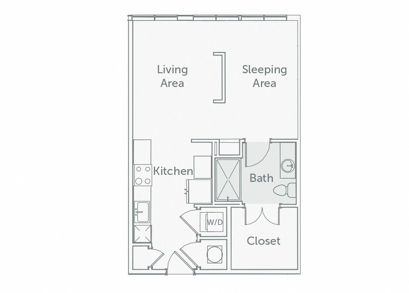 Floor plan for studio, 1 bath, 604 sqft