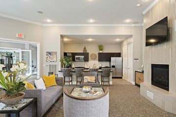 Overland Park apartment for rent - a living room with a couch and a table with a fireplace