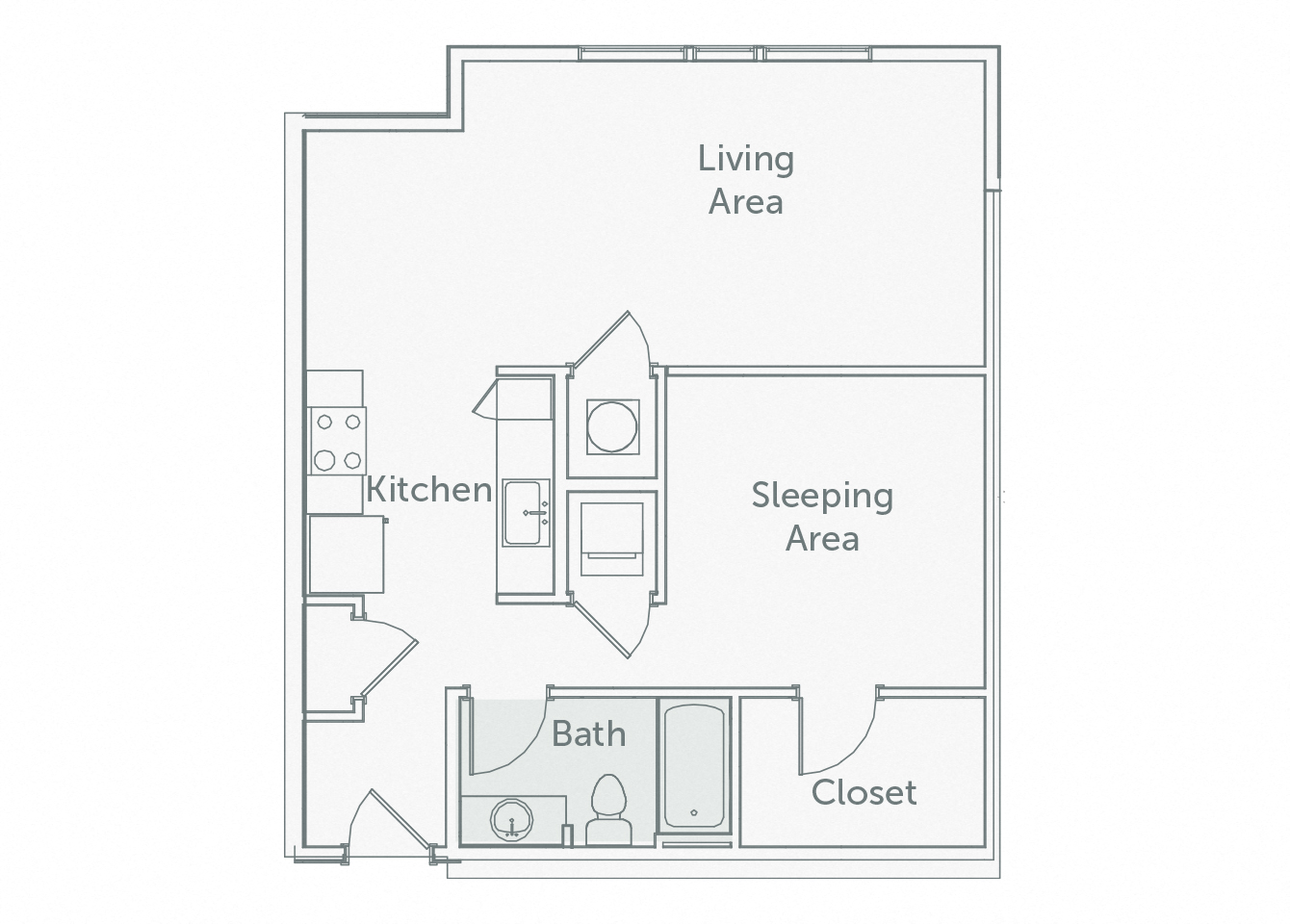 Floor plan for studio, 1 bath, 763 sqft