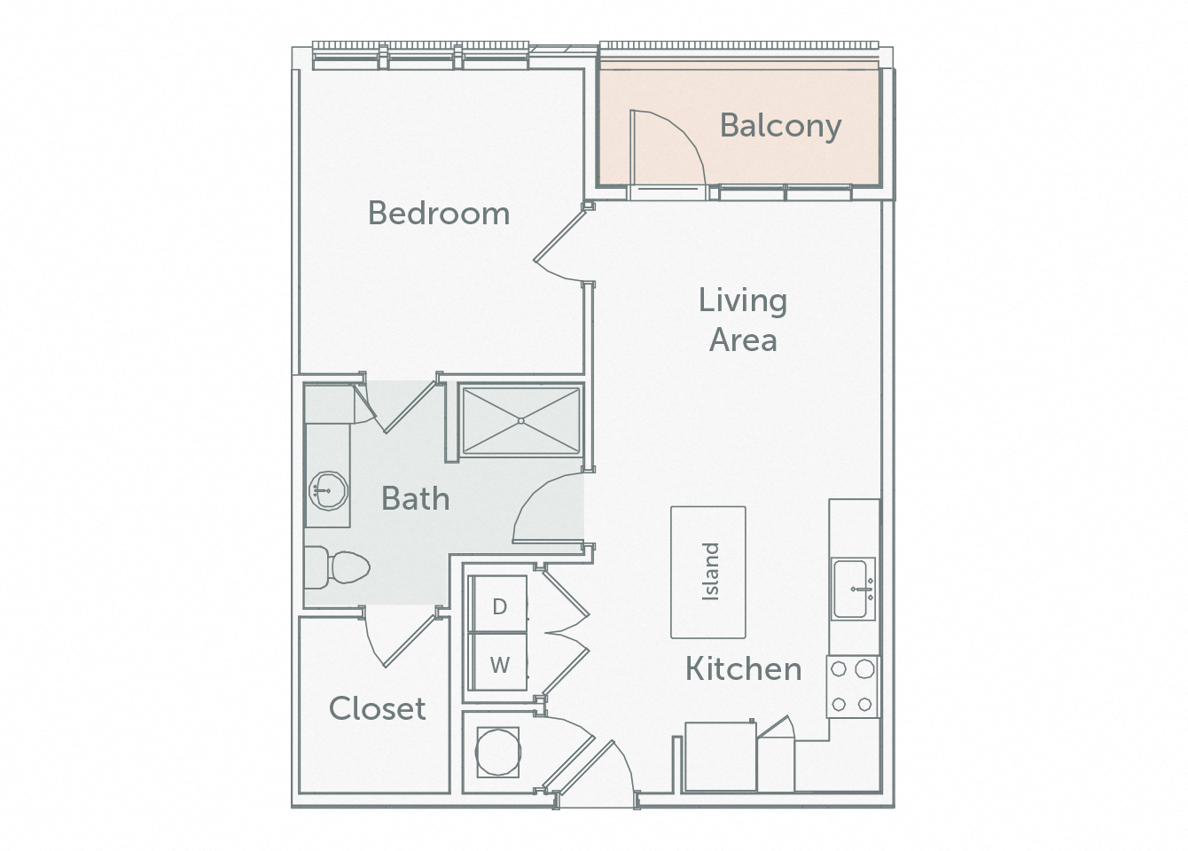 Floor plan for 1 bed, 1 bath, 665 sqft