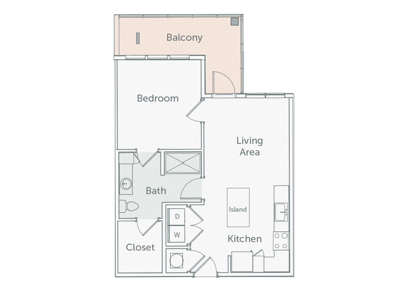Floor plan for 1 bed, 1 bath, 667 sqft