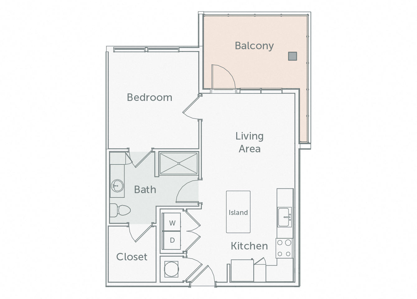 Floor plan for 1 bed, 1 bath, 667 sqft