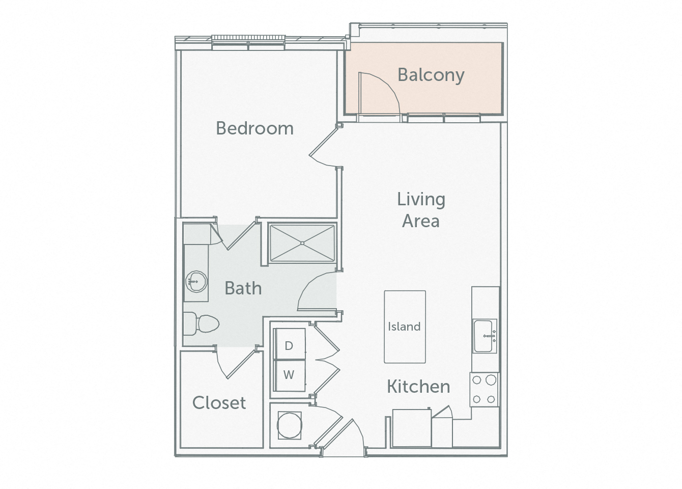 Floor plan for 1 bed, 1 bath, 667 sqft