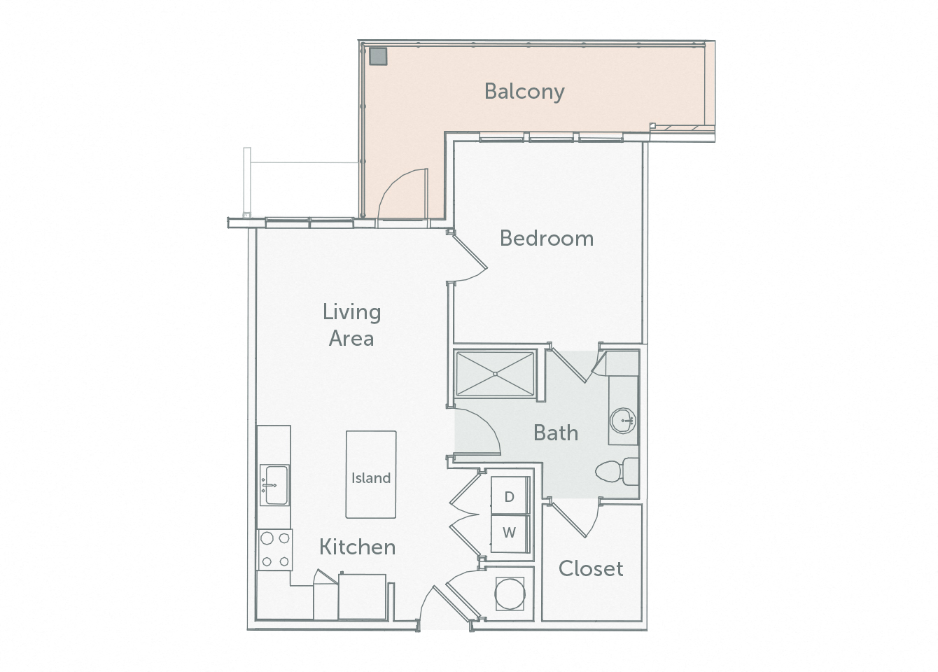 Floor plan for 1 bed, 1 bath, 667 sqft