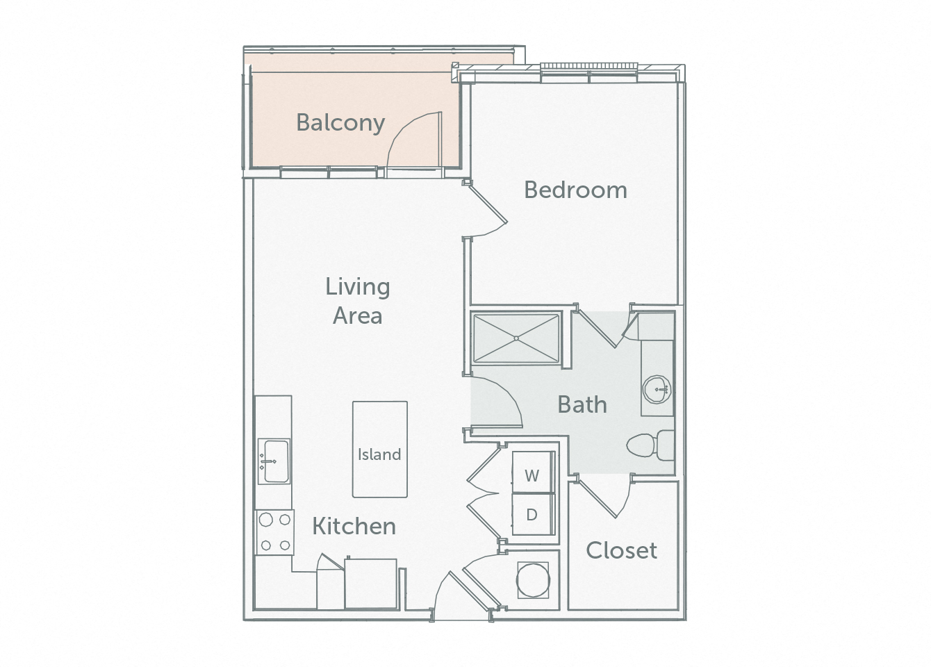 Floor plan for 1 bed, 1 bath, 667 sqft