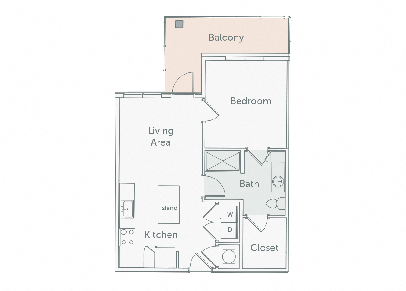 Floor plan for 1 bed, 1 bath, 668 sqft