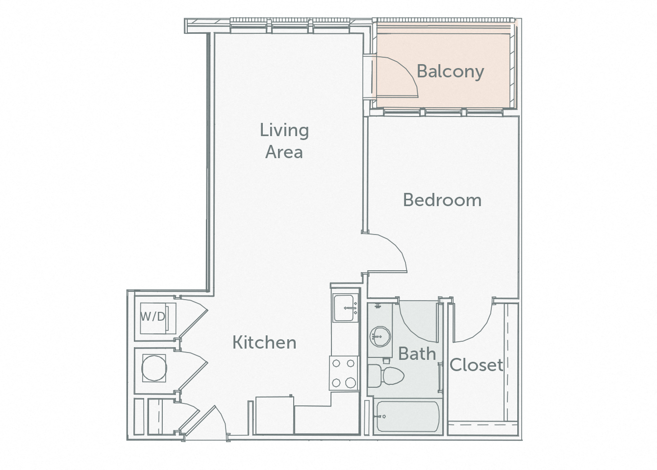 Floor plan for 1 bed, 1 bath, 673 sqft