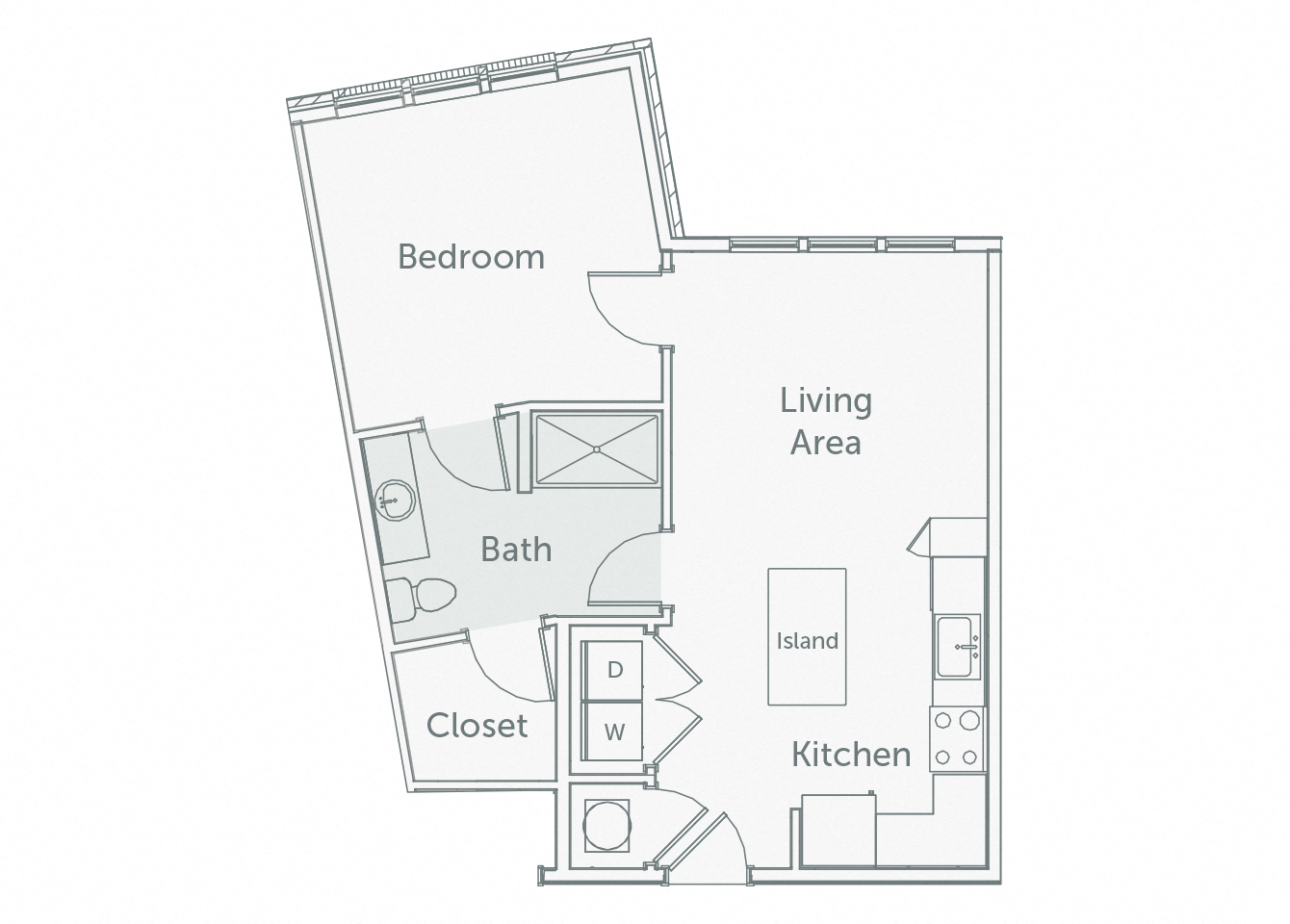 Floor plan for 1 bed, 1 bath, 688 sqft