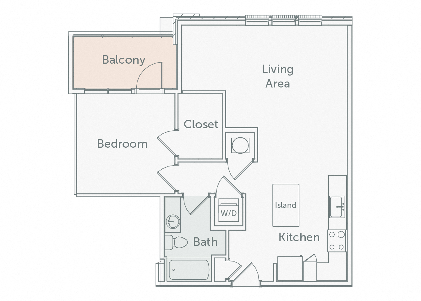 Floor plan for 1 bed, 1 bath, 756 sqft