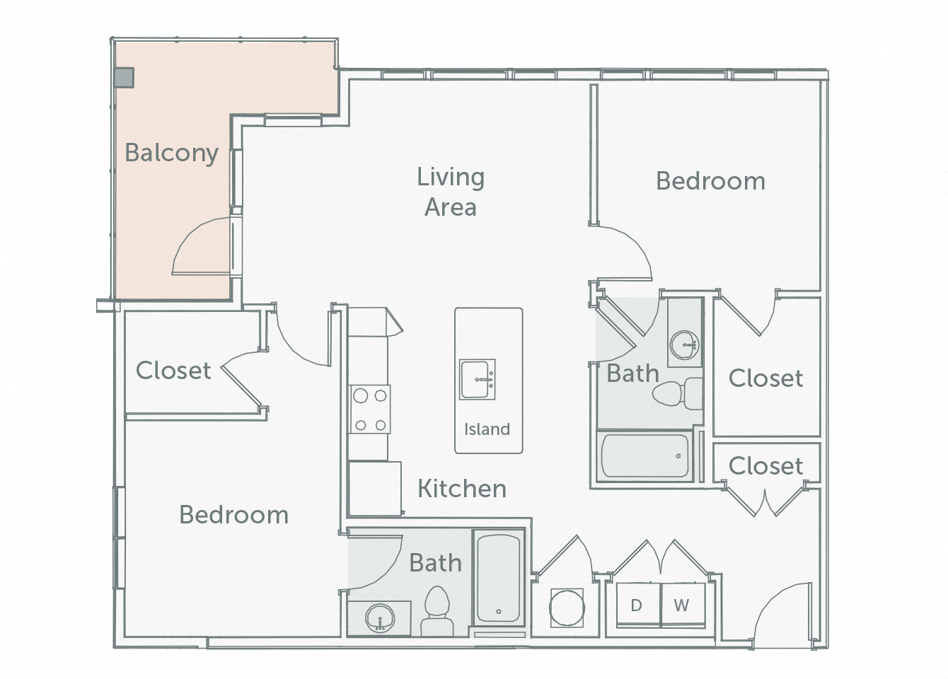 Floor plan for 2 beds, 2 baths, 1025 sqft