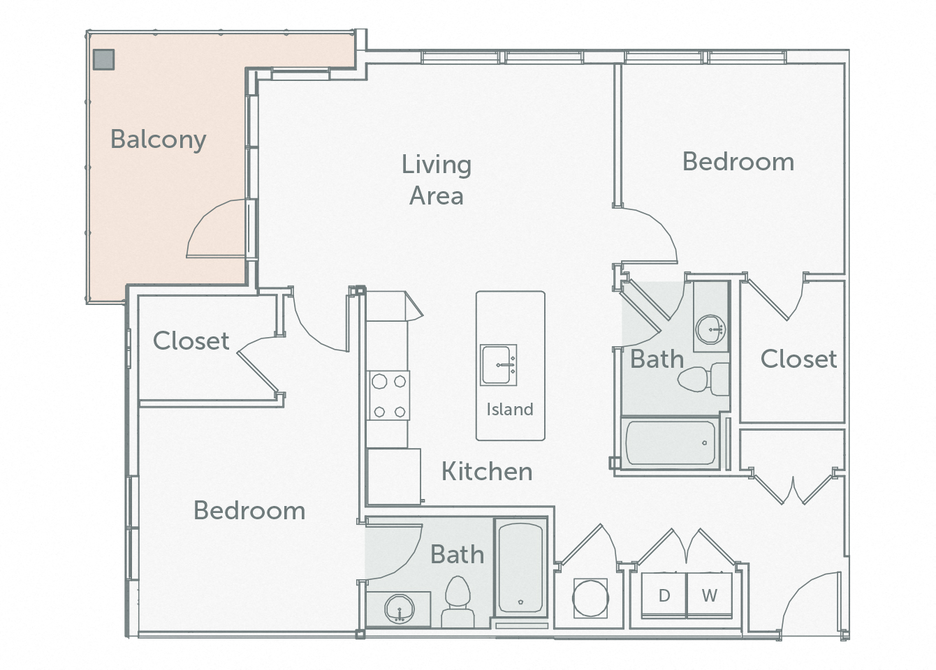 Floor plan for 2 beds, 2 baths, 1030 sqft