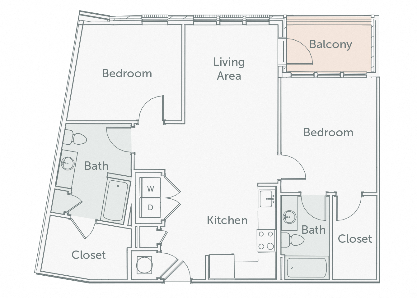 Floor plan for 2 beds, 2 baths, 1040 sqft