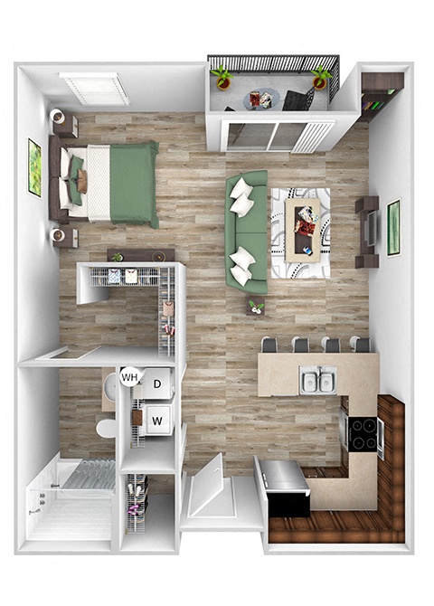 Floor plan for studio, 1 bath, 614 sqft