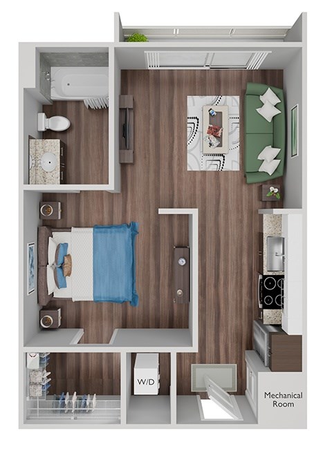 Floor plan for studio, 1 bath, 563 sqft