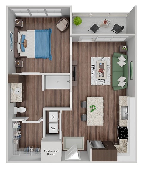 Floor plan for 1 bed, 1 bath, 665 sqft