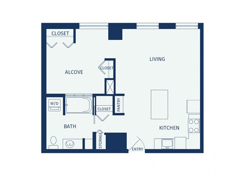 Floor plan for studio, 1 bath, 634 sqft