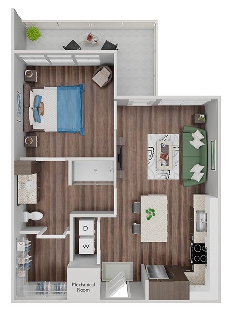 Floor plan for 1 bed, 1 bath, 667 sqft