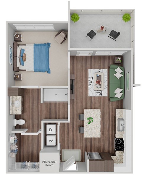 Floor plan for 1 bed, 1 bath, 667 sqft