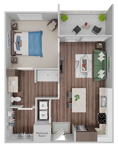 Floor plan for 1 bed, 1 bath, 667 sqft