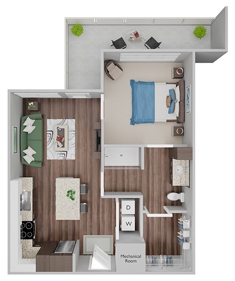 Floor plan for 1 bed, 1 bath, 667 sqft