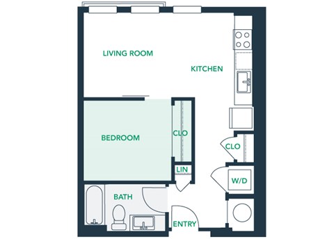 Floor plan for studio, 1 bath, 569 sqft