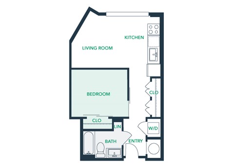 Floor plan for studio, 1 bath, 577 sqft