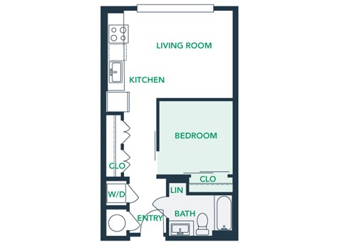 Floor plan for studio, 1 bath, 584 sqft