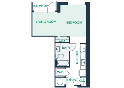 Floor plan for studio, 1 bath, 594 sqft