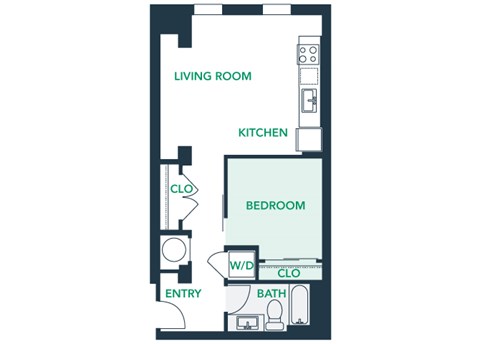 Floor plan for studio, 1 bath, 749 sqft