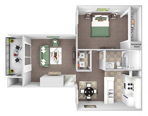 Floor plan for 1 bed, 1 bath, 700 sqft